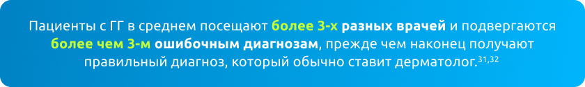 Пациенты с ГГ в среднем посещают более 3-х разных врачей и подвергаются более чем 3-м ошибочным диагнозам, прежде чем наконец получают правильный диагноз, который обычно ставит дерматолог.31,32