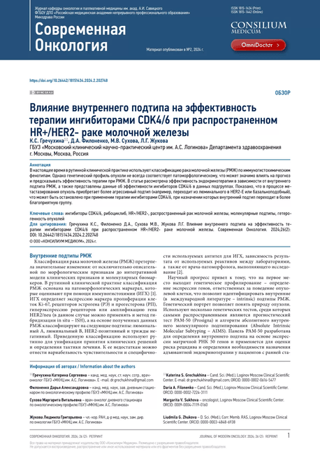  Влияние внутреннего подтипа на эффективность  терапии ингибиторами CDK4/6 при распространенном  HR+/HER2- раке молочной желез